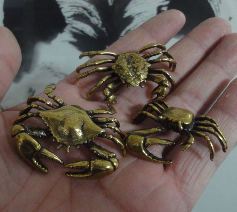 3pcs Set of Vintage Style Solid Brass Copper Family Crabs Statues Sculptures