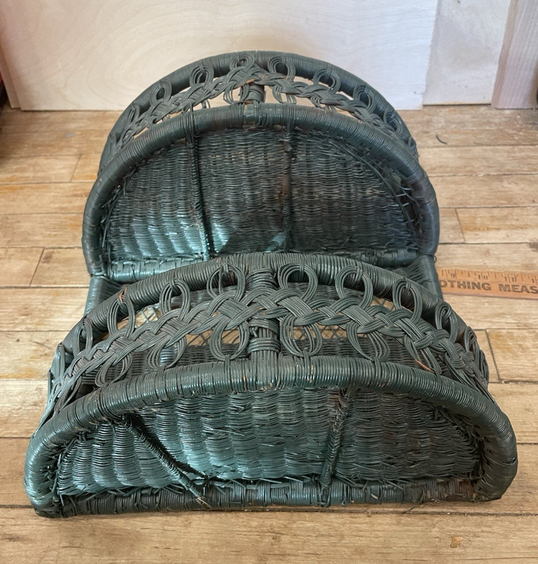 Vintage 21 inch Forest Green 2-Tier Shelf Hanging Half Round Rattan Wicker gallery