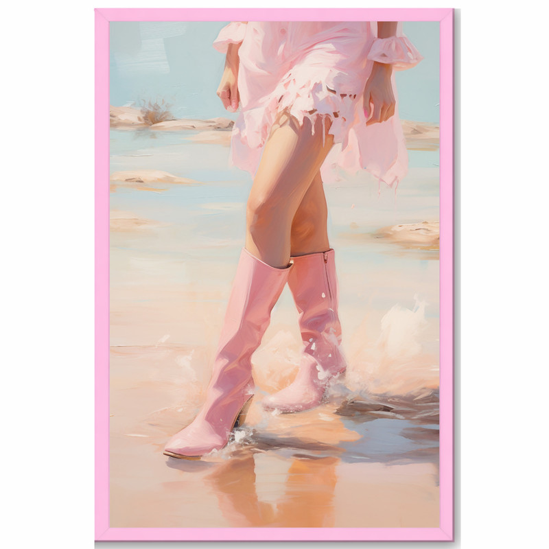 Pink Boots Beach Oil Painting Poster Framed 11×17 Pastel Coastal Wall Art Print