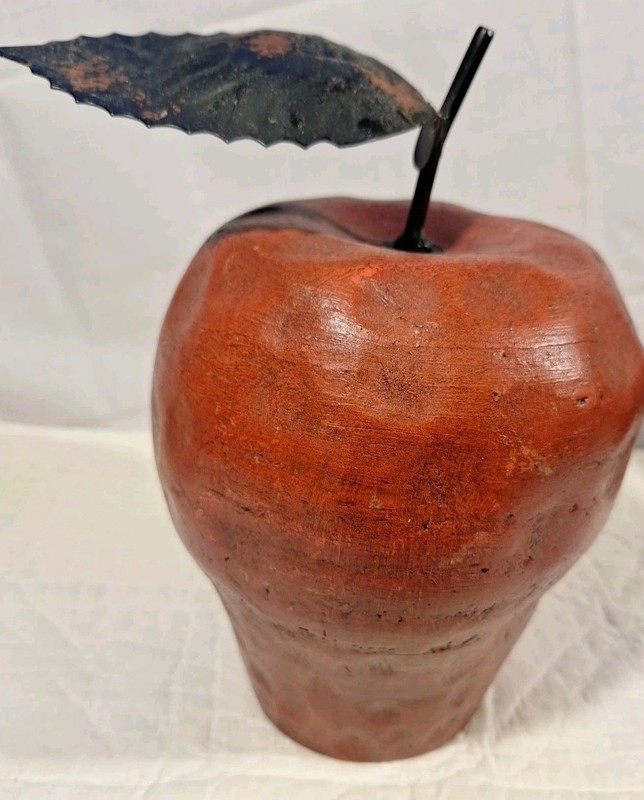 Red Apple Large 10″ Tall Fruit Statue Metal Stem & Leaf Felt Base Vintage