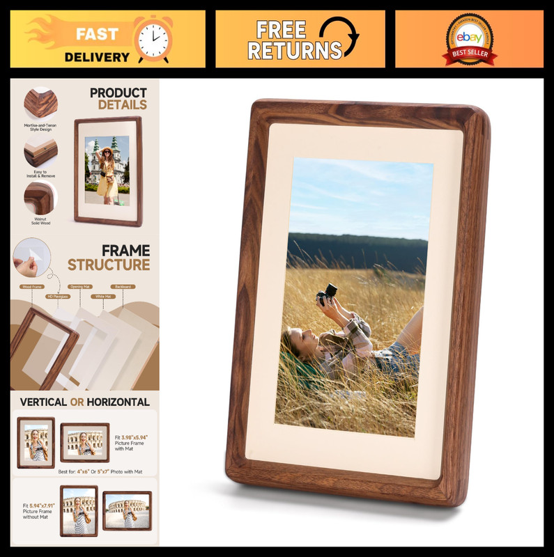 Natural Wood Picture Frame 5x7 4x6 - Solid Black Walnut, Tabletop Display, Horiz