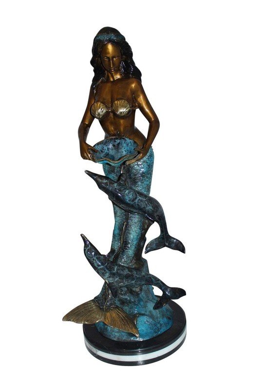Mermaid with 2 dolphins Bronze Statue - Size: 14"L x 14"W x 28"H. gallery