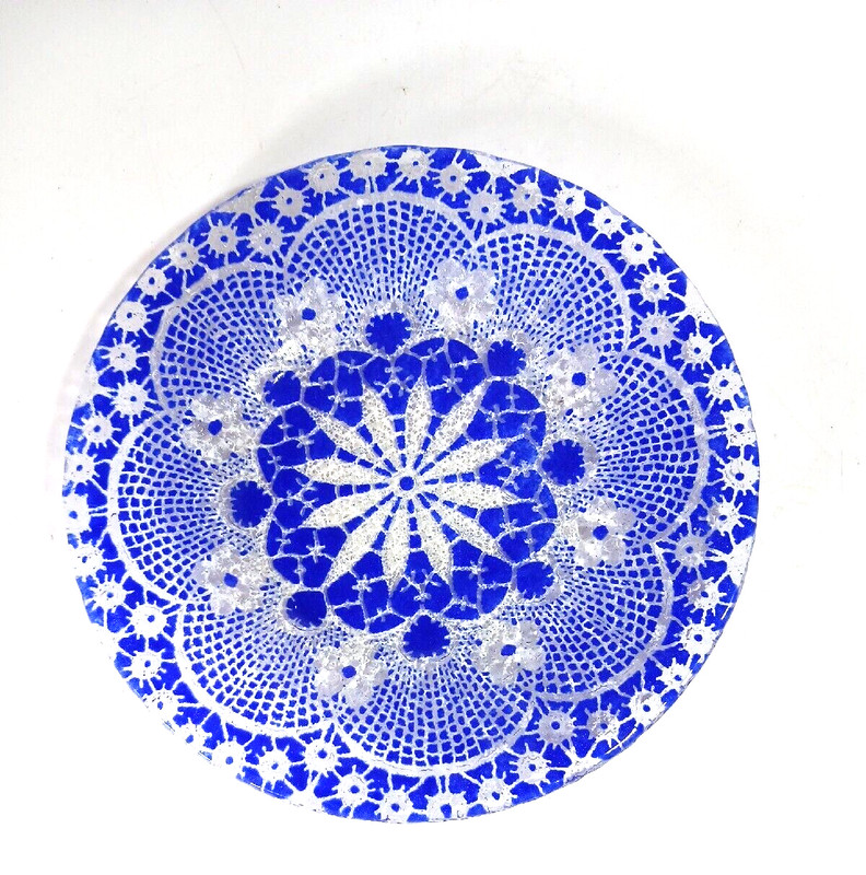 Colbalt Blue Fused Art Glass Floral lace Shallow Bowl Dish 10″