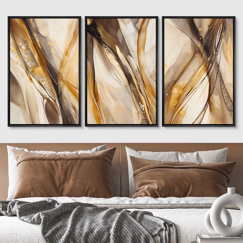 Abstract Marble Canvas Wall Art Neutral Beige Painting Brown and Gold Picture... gallery