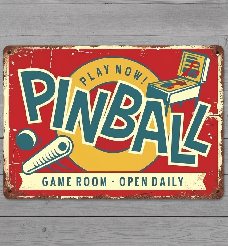 Pinball Play Now! Game Room 8 x 12 Vintage Novelty Metal Sign Made In USA New!