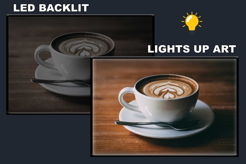 LED Backlit Coffee Wall Art Lighted Frame – latte art on wooden table