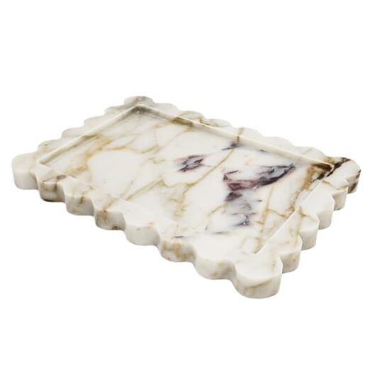 Genuine Calacatta Viola Scalloped Marble Tray, Real Natural Marble Stone Gold