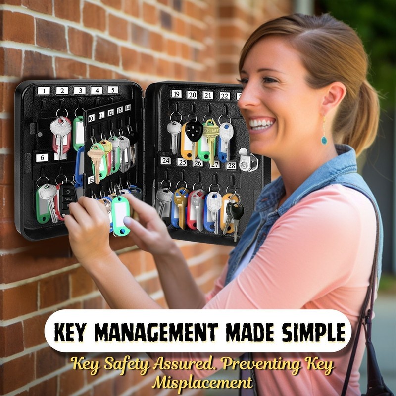 Key Cabinet Steel Lock Box with 40 capacity Colored key Tags & Hooks - (Black) gallery