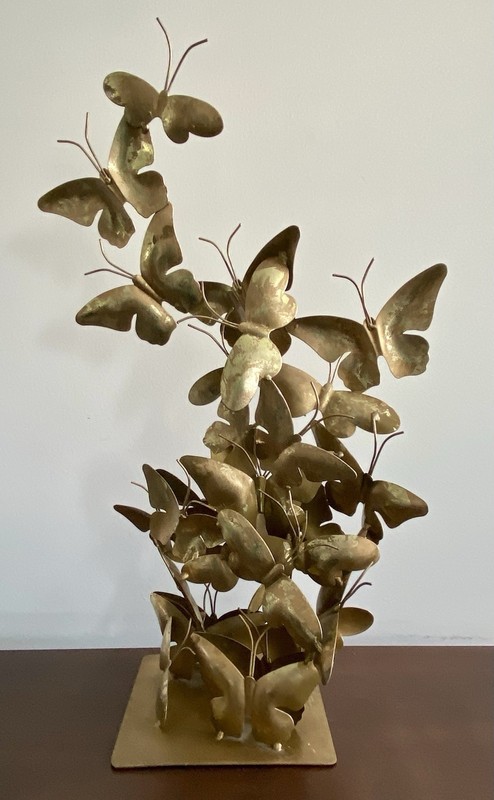 Large Metal 3D BUTTERFLIES IN FLIGHT Tabletop Sculpture W/ Distressed Gold/Brass gallery