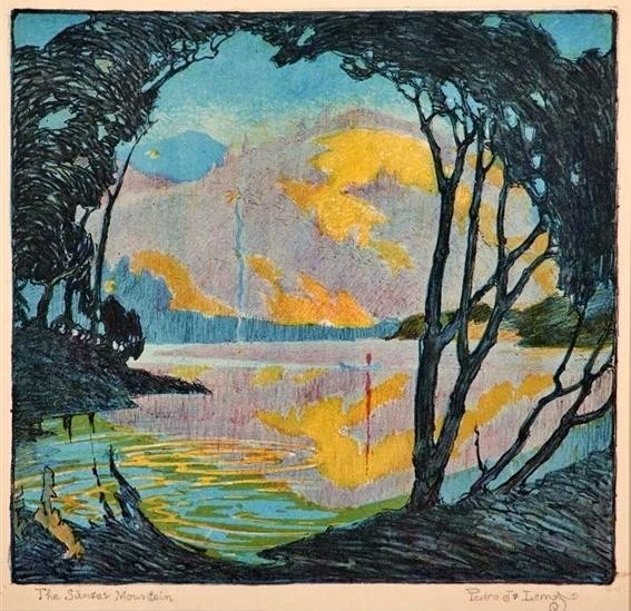 The Sunset Mountain by Pedro Lemos – California Landscape Woodcut Art Print