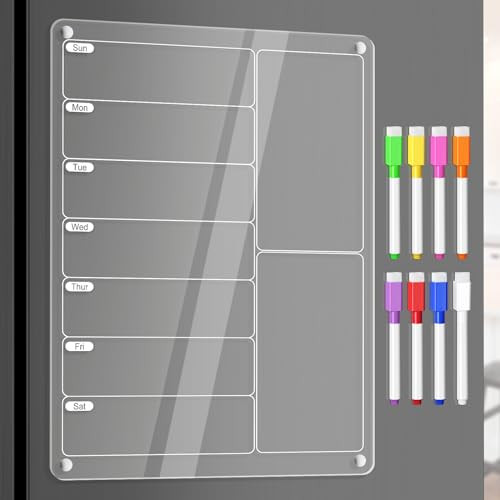 Acrylic Meal Planner Magnetic Menu Board for Kitchen Fridge w/Markers, Clear 