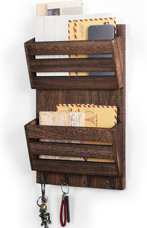 Mail Organizer Wall Mount with Key Hooks 2-Slot Wood Mail and Key Holder for …