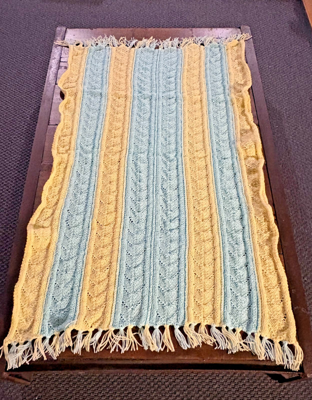 Handmade Knit Blanket / Throw Cable Pattern – Yellow & Blue unused new 30×50 in
