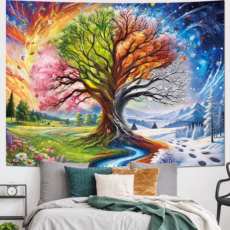 Colorful Tree of Life Tapestry Four Seasons Trees Tapestrie Spring Flower Green gallery