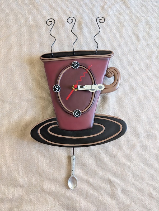 Allen Designs Whimsical Wall Clock Coffee Cup w/ Pendulum Cozy Cafe Kitchen gallery