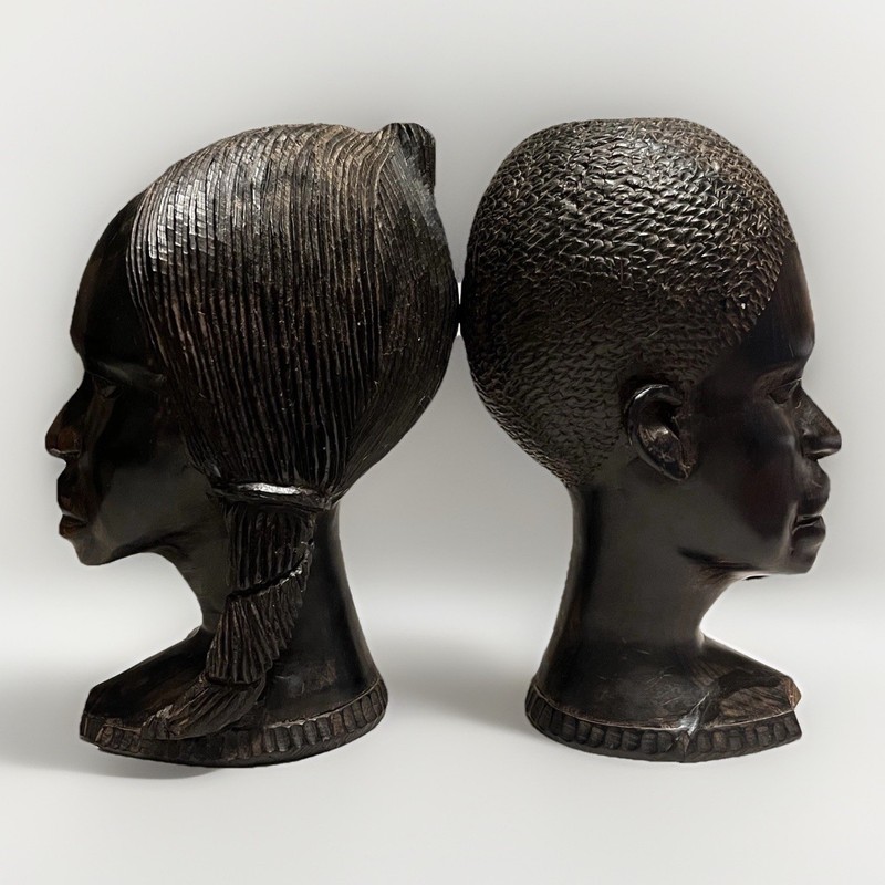 Pair Hand-Carved Wooden Bust Sculptures Male Female Figurative Art gallery