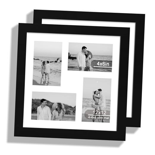 12×12 Picture Frame Set of 2 Wood Frame with 12×12 in matted to 4-4×6 Black
