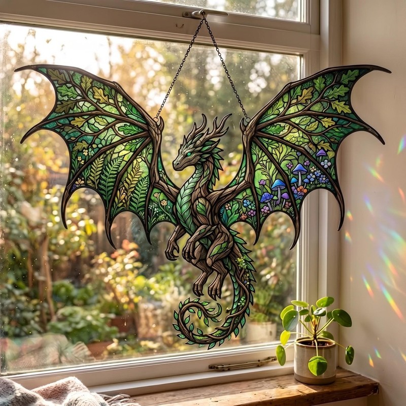 Forest Dragon Suncatcher Acrylic Style, Woodland Dragon Window Hanging Decor