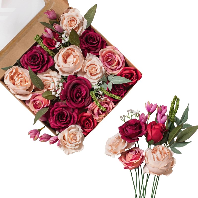 Rose Artificial Flowers Combo for DIY, Fake Red Rose Silk Flowers Greenery, F…