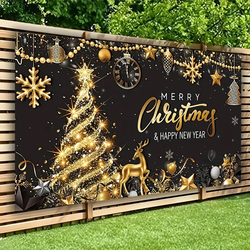 1pc Festive Christmas & New Year Party Backdrop Banner – Elegant Golden & Black
