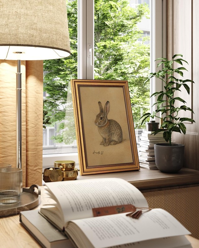 Vintage Gold Framed Canvas Wall Art Rabbit Artwork, Easter Bunny 12x16 Inch A... gallery