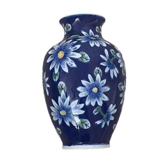 Deep Blue Ceramic Painted Daisy Round Vase 10 Inches Tall