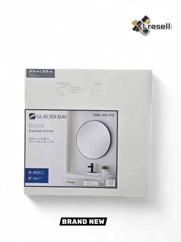 Glacier Bay 28x28in Round Black Aluminum Framed Bathroom Vanity Mirror Wall Moun