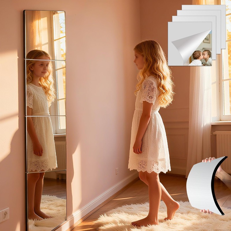 Unbreakable Kids Mirror Tiles for Wall Decor, 4 PCS 8 x 8 32"L x 8"W, Silver 