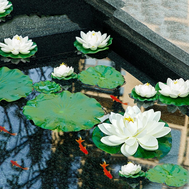 12pcs Floating Foam Lotus Flowers with Lily Pads, Artificial Pond Plants Orna... gallery