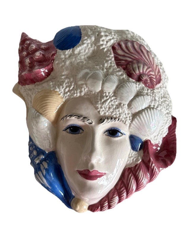 Ceramic Lady Seashell Wall Plaque Mask White Lotus Italy Whimsical Decor Woman