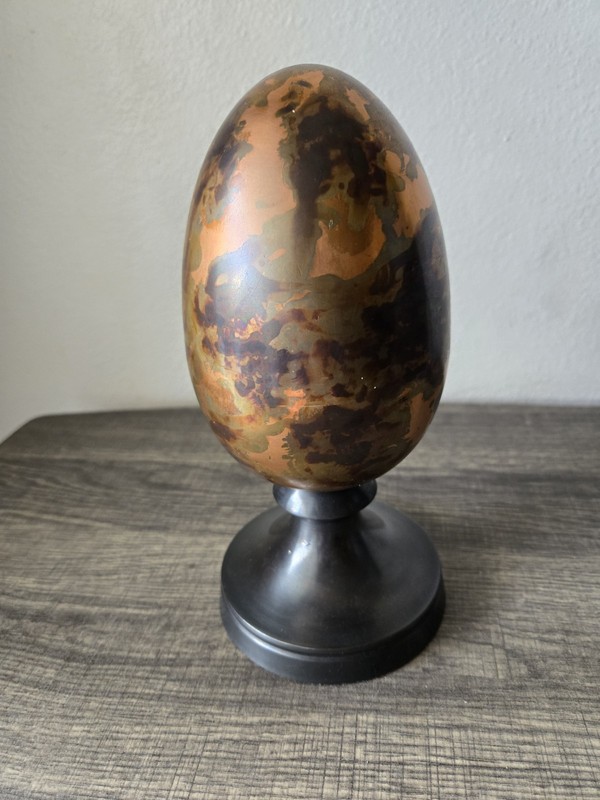 Vtg MCM Brass Egg Sculpture 8.5" - Flame Patina Iridescent Rainbow India 2lb+ gallery