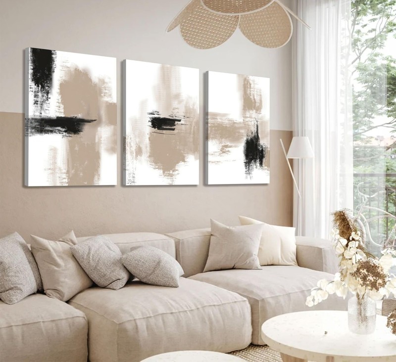 3Pcs Neutral Abstract Canvas Wall Art Black Beige Picture Wall Decor Modern M... gallery