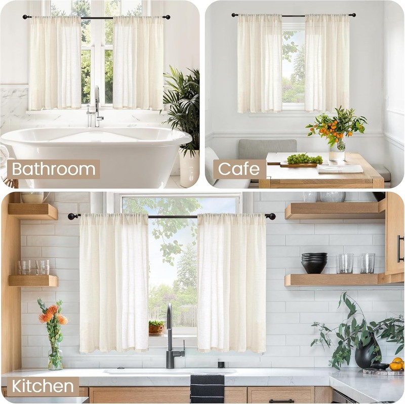 Linen Kitchen Window Curtains Over Sink - 36 Inch Length Cafe Drapes Semi Sheer gallery