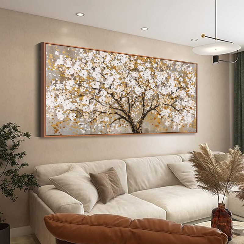 Framed Wall Art Print Gold Tree Of Life Modern Artwork Canvas Painting Gold T…