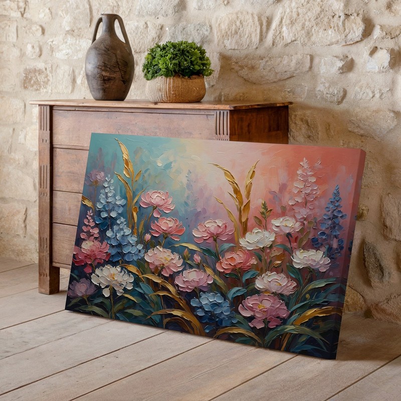 Floral Canvas Wall Art Pink Blue White Blossoms with Gold Leaves Painting Print gallery