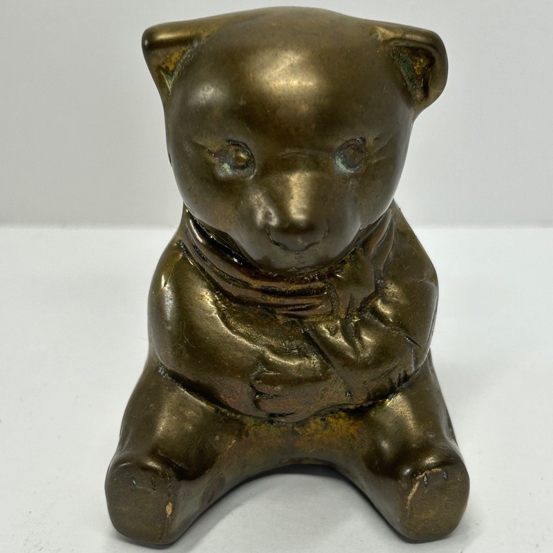 Vintage Brass Teddy Bear Figurine Statue Sitting Adorable Desk Shelf Decor