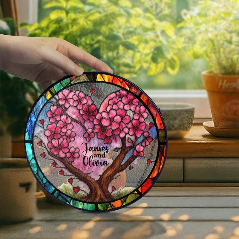 Personalized Couple Tree Heart Stained Glass Suncatcher, Custom Name Window gallery