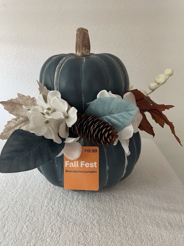 Coastal/Country Blue Stacked Pumpkin Fall Flower Arrangement With Pinecones