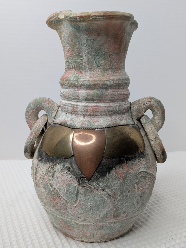 Vtg Studio Art Pottery Vase Handcrafted Metal Accents Earth Tone Handles Rings