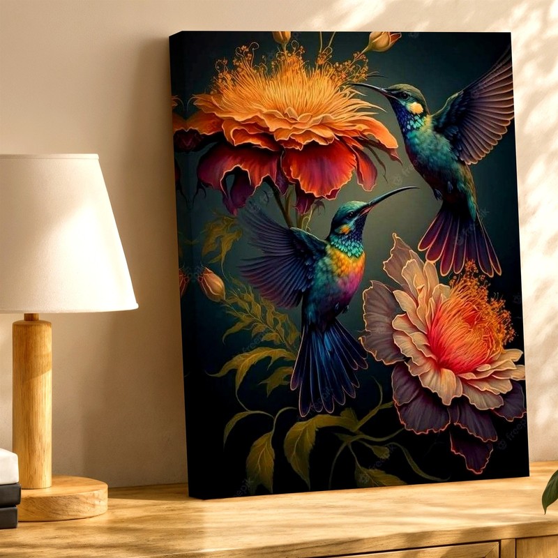Wall Art Colorful Hummingbird Birds Floral Painting Print Dark Botanical Decor gallery