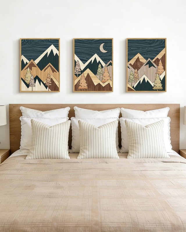 Morden Mountains Framed Wall Art Boho Woodcut Pine Tree Forest Nature Landsca... gallery