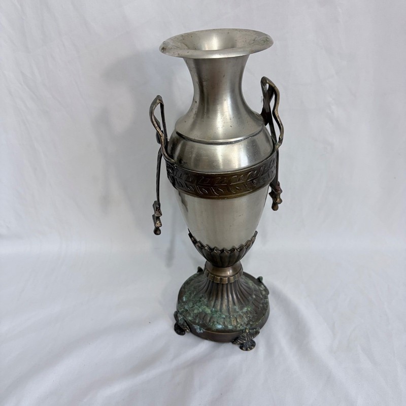 Metal Vase Decorative Urn Silver Bronze Tone Ornate Handles India