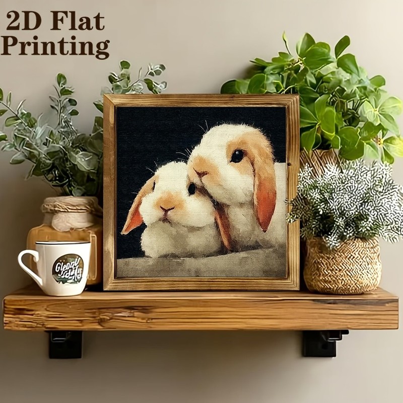 Antique Textured Canvas White Tan Rabbit Couple Rustic Wall Wooden Plaque Gift