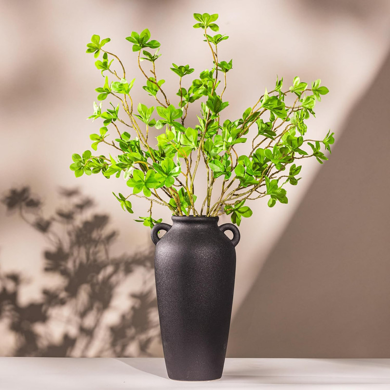 12 Inch Tall Black Ceramic Vase, with 5 Branches of 25 Inch Faux Artificial Vibr