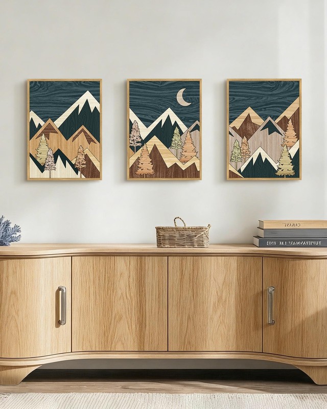 Morden Mountains Framed Wall Art Boho Woodcut Pine Tree Forest Nature Landsca... gallery