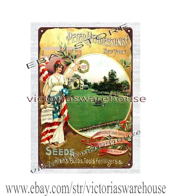 1897 Henderson Peter Co Lawn Grass Seeds Plants Bulbs Tools metal tin sign