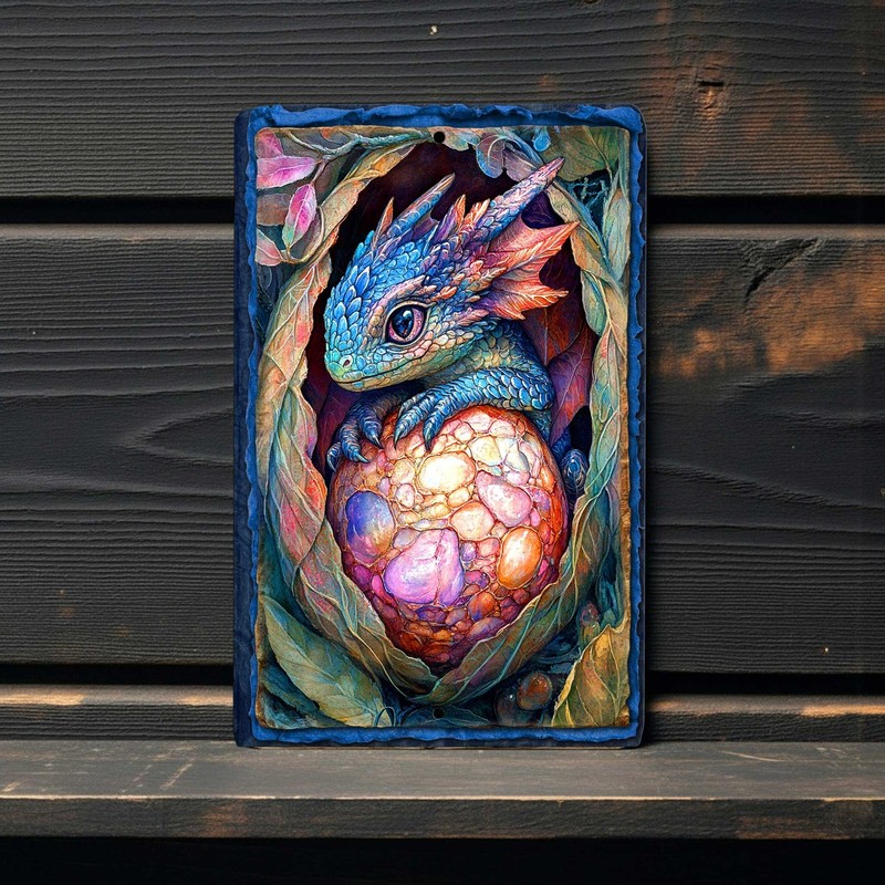 Baby Dragon Egg Metal Wall Sign 8×12 Fantasy Dragon Art, Colorful Mythical Decor