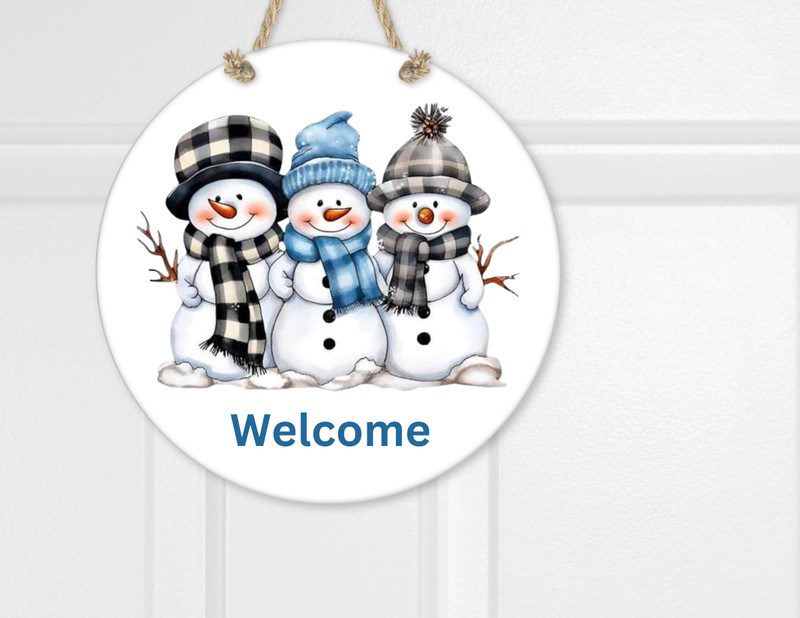 Cute Snowman Round Christmas Welcome Door Hanger Sign