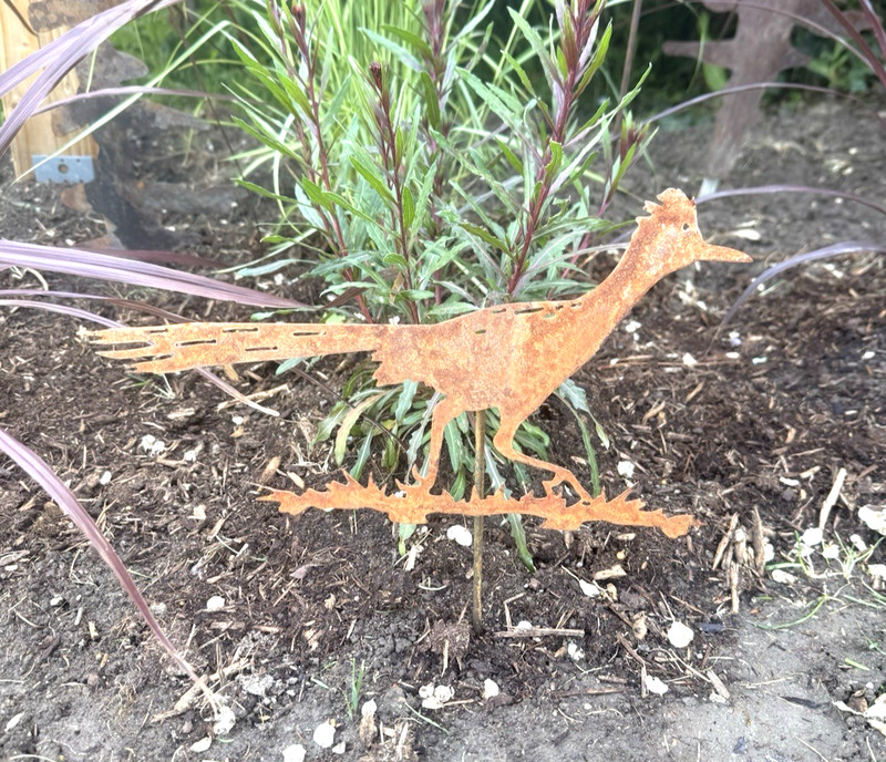 Rusty Roadrunner metal yard art with 12″ removable garden stake