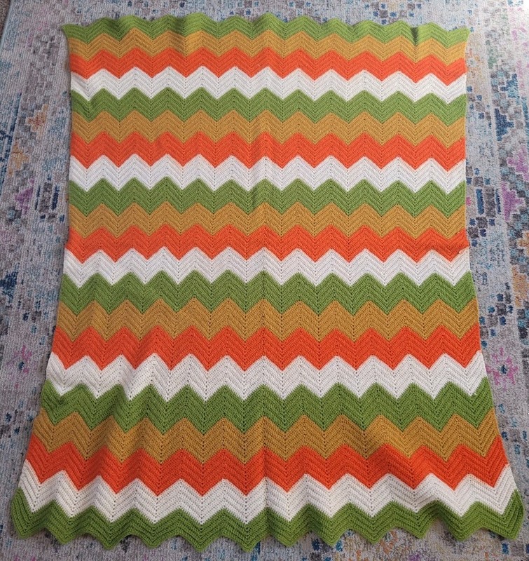 Vintage Handmade Crochet Sofa Couch Blanket 53″x42″ Retro Green Orange White